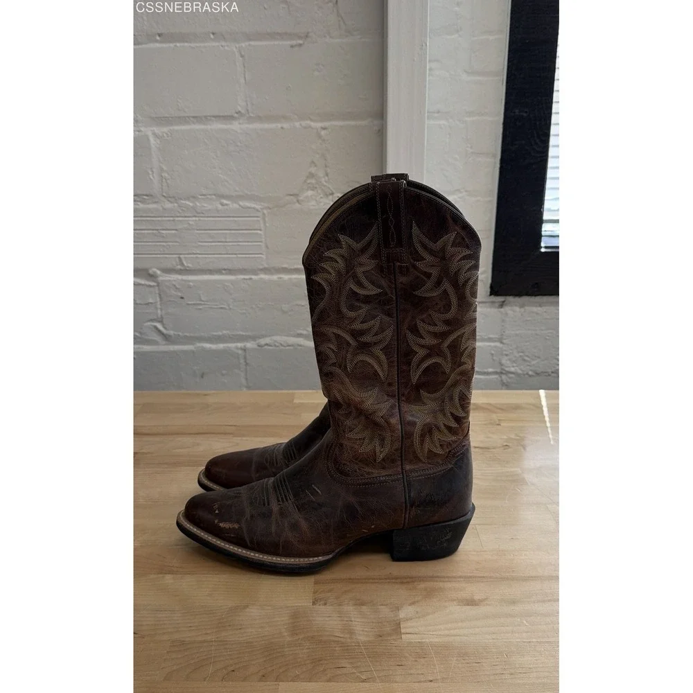 Ariat Heritage Western R-Toe Distressed Brown Leather Cowboy Boots Men's 8.5D - Picture 4 of 10